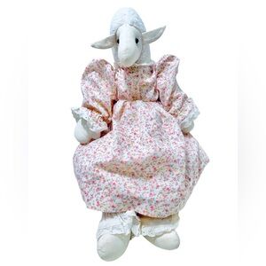 Vintage Handmade Sherpa Lamb Muslin Cloth Doll In Handsewn Prairie Country Dress